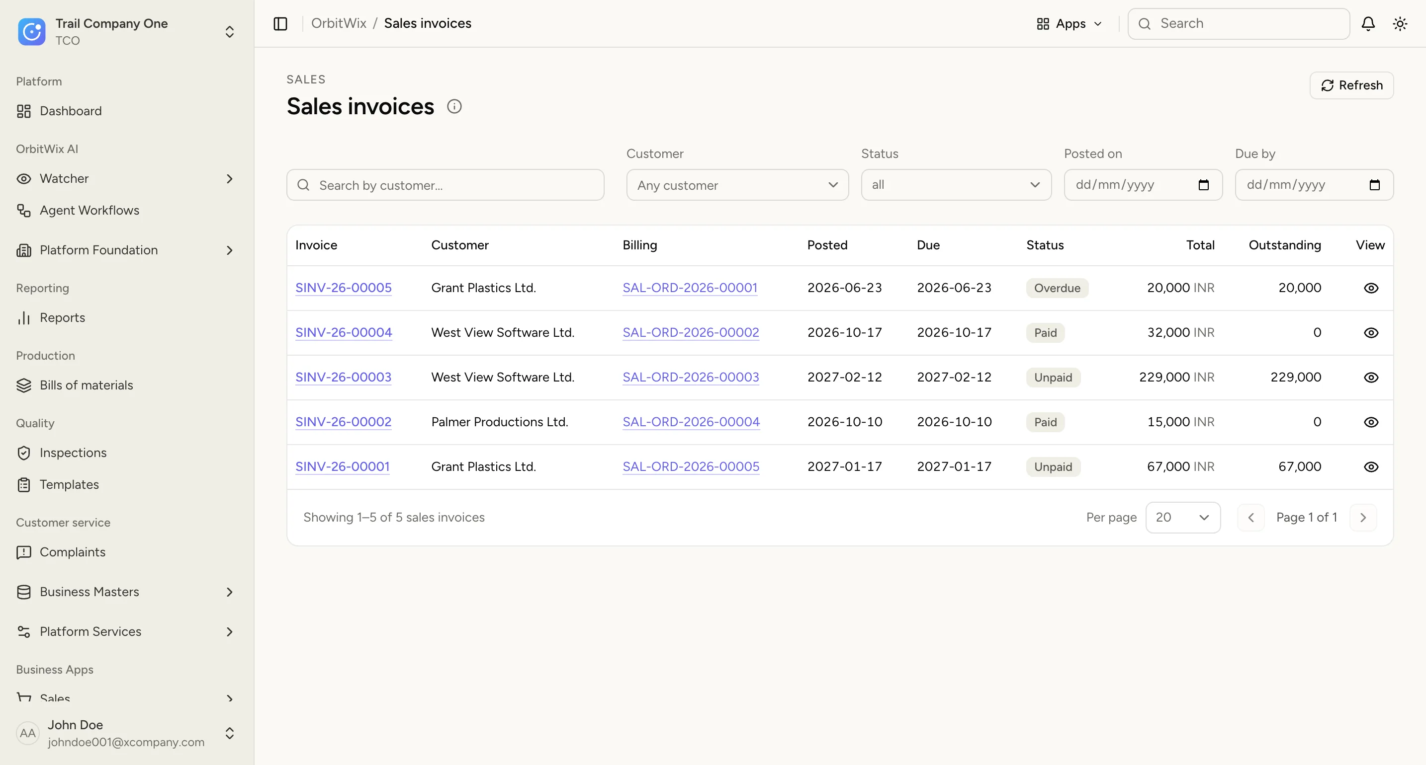 Sales invoices with customer, linked order, due date, paid, unpaid or overdue status, and outstanding amount.