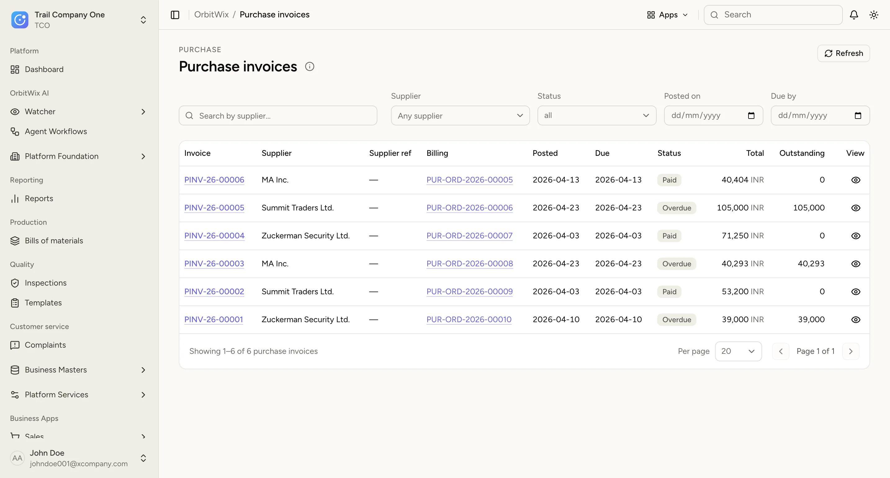 Purchase invoices linked to their purchase orders, with supplier, due date, status and outstanding amount.
