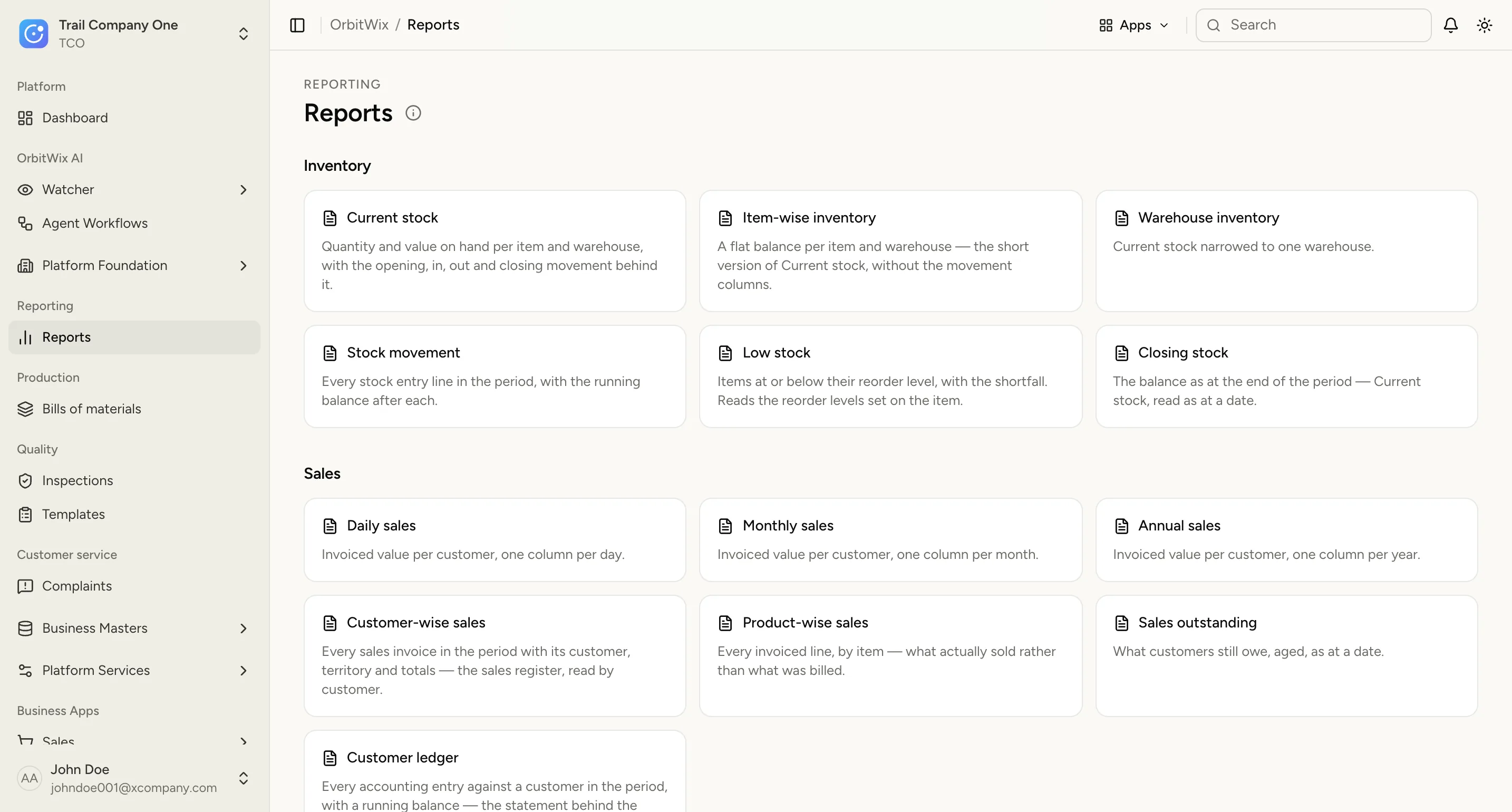 The reports catalogue: current stock, stock movement, low stock, and daily, monthly and customer-wise sales.